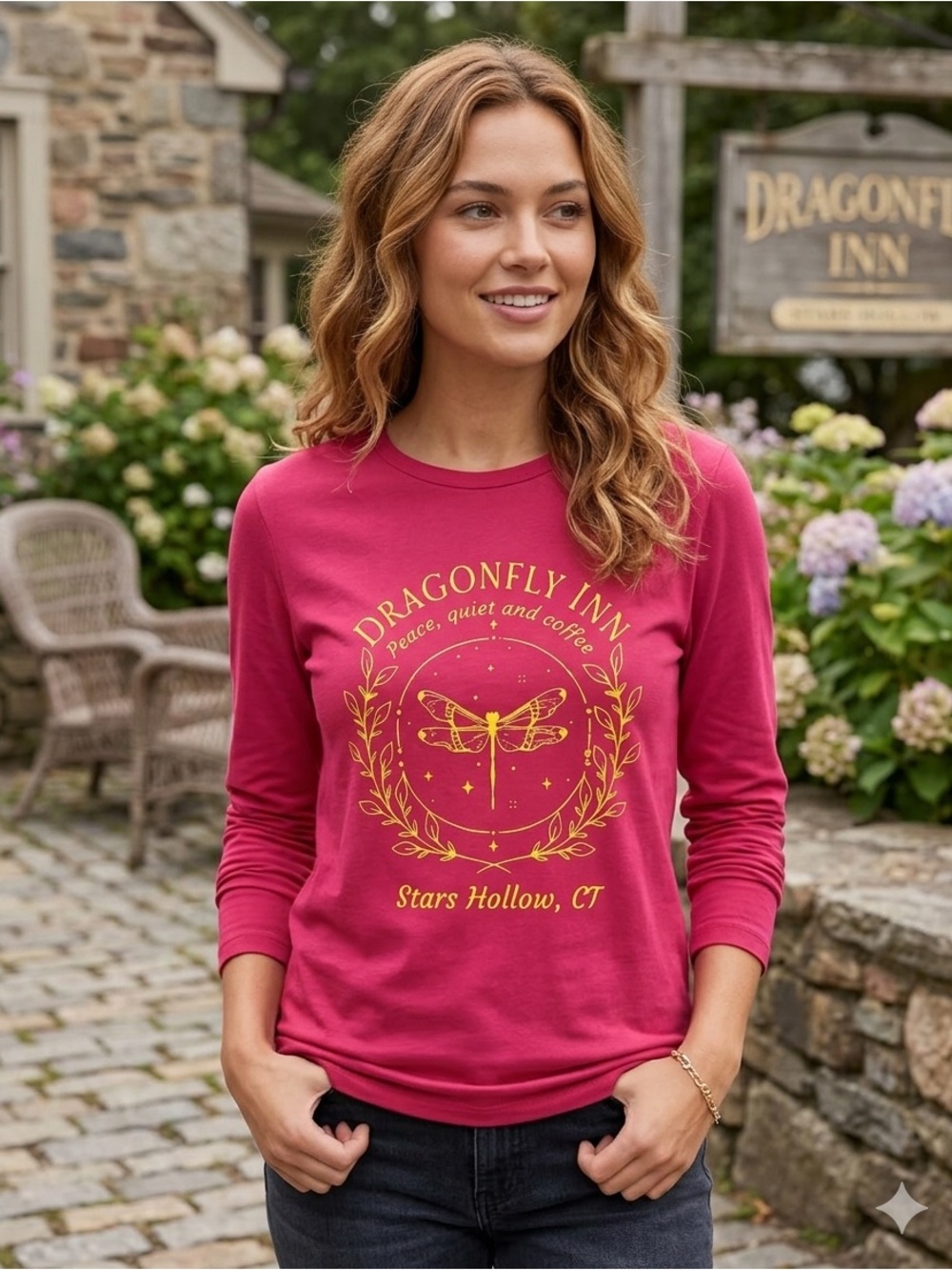 Dragonfly Inn Graphic Long Sleeve Tee - Red with Yellow Print